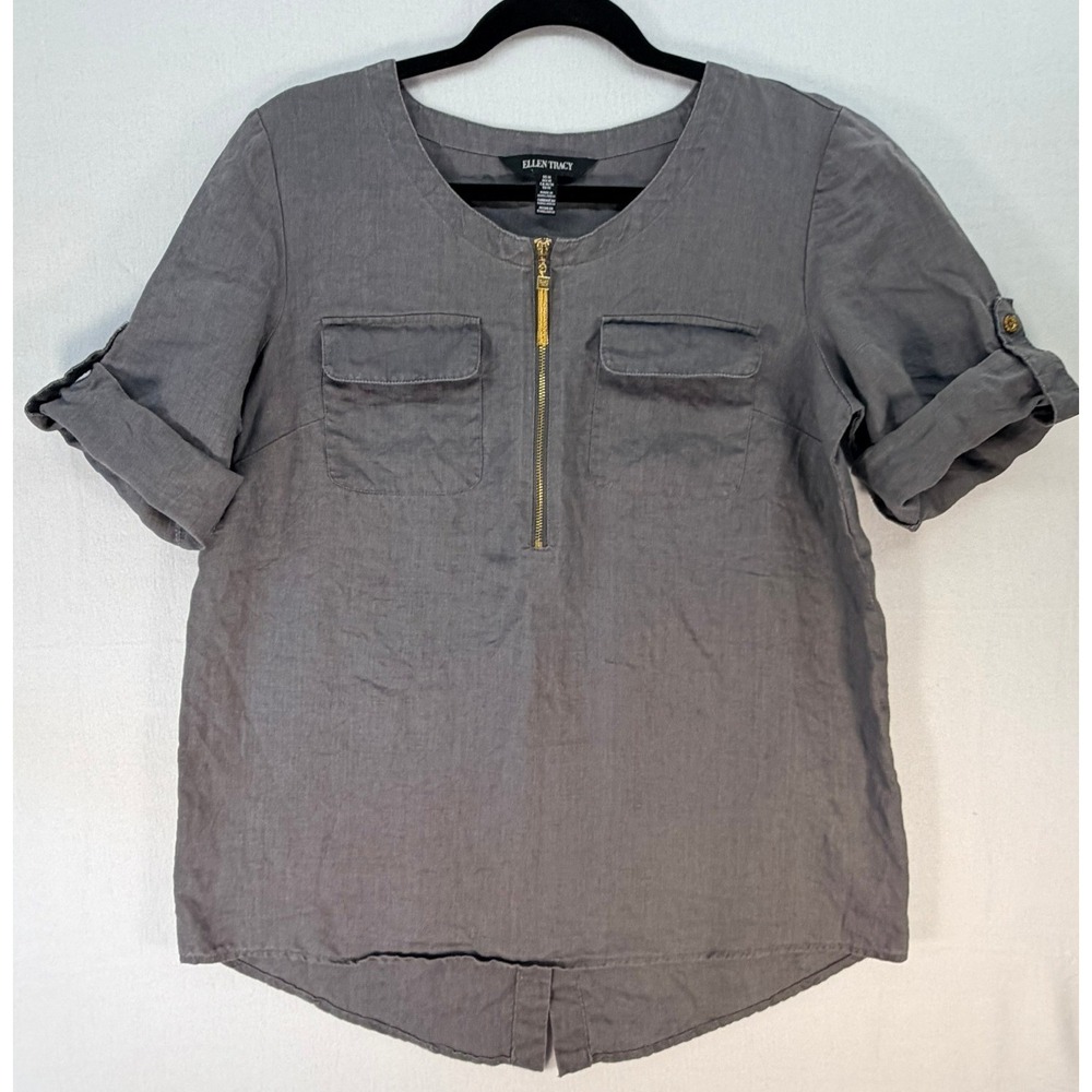 Ellen Tracy Womens Grey 100% Linen Half Zip Short Sleeve Blouse Size Medium